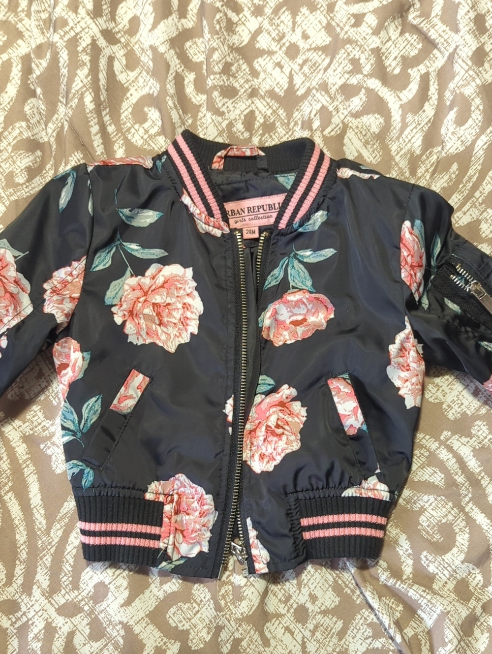Urban Republic Black Floral Girls Bomber Jacket with Pink Accents